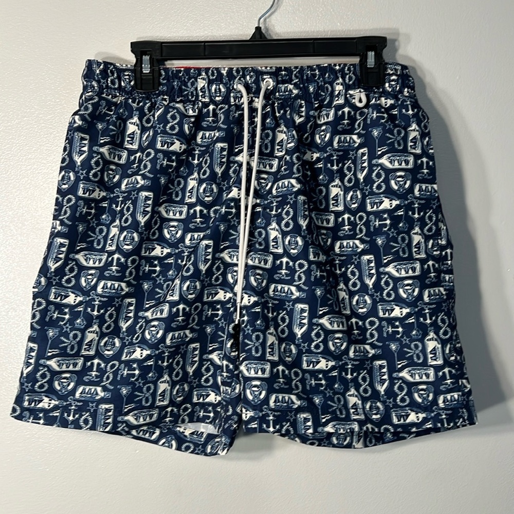 Lands’ End Men’s Swim Trunks Size Med. Blue & White Nautical Theme.